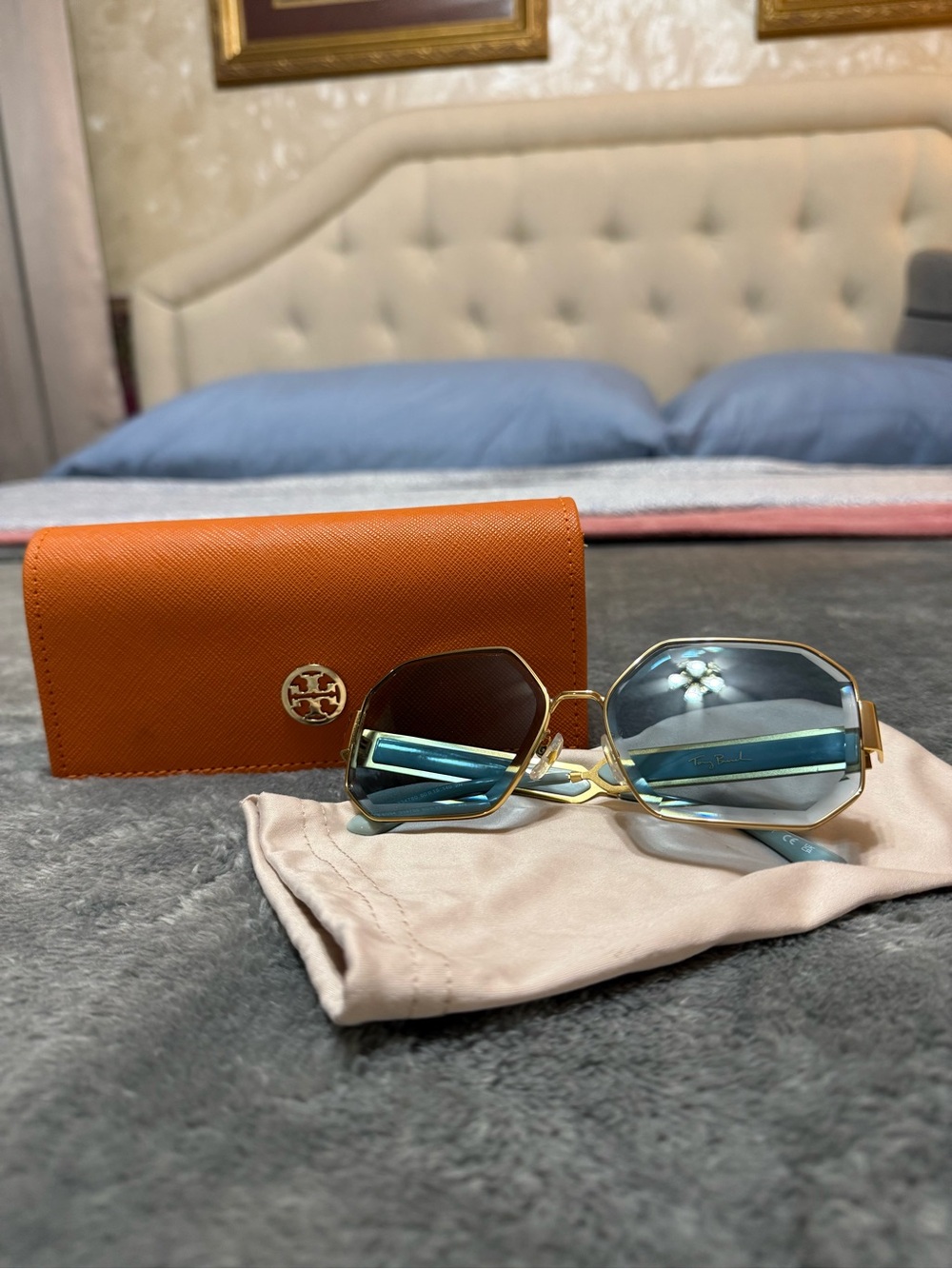 Tory Burch Gold-Frame Sunglasses with Blue Gradient Lenses and Orange Case